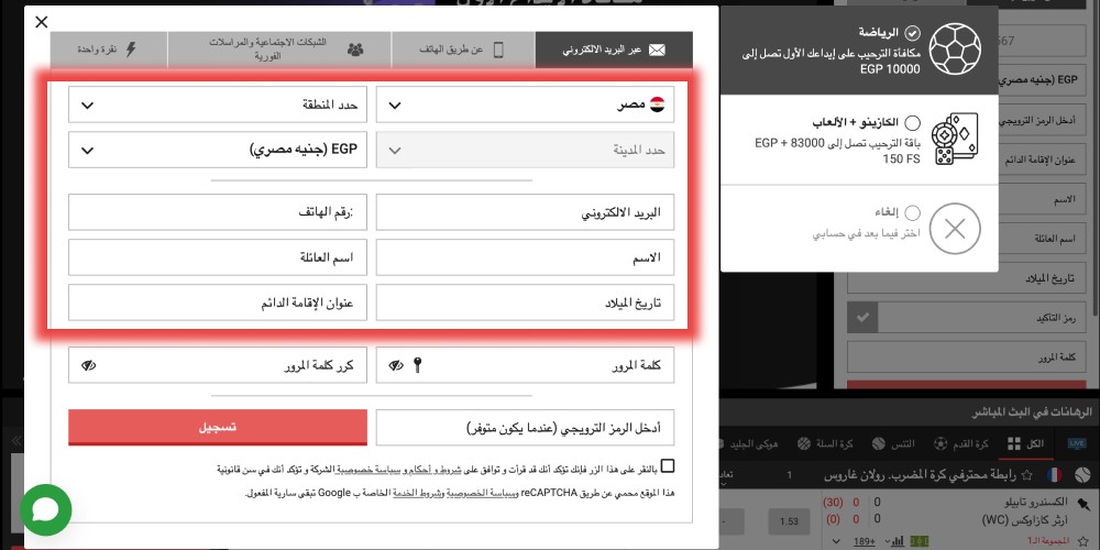 ملء حقول التسجيل